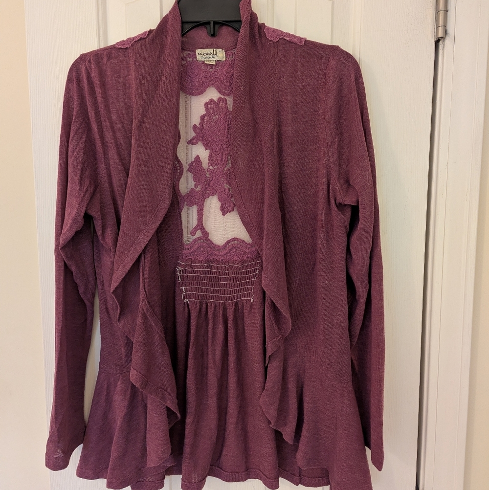 Beautiful, lace-backed and gathered, ruffled, mauve cardigan